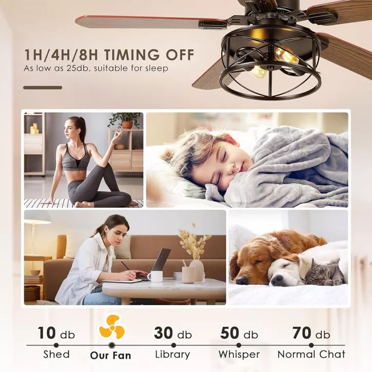 42 or 52 or 56 Inches Ceiling Fan with Light Caged Bulbs Plywood Blades for Farmhouse Bedroom Remote Control
