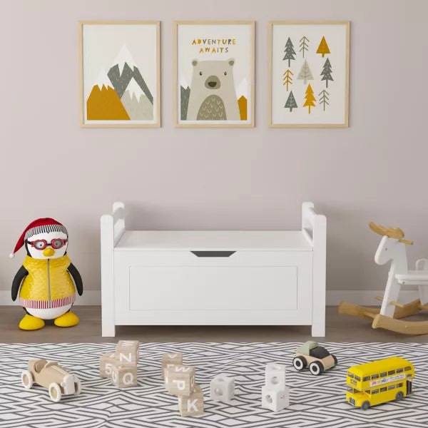 Kids Toy Box Chest, White Rubber Wood Toy Box for Boys Girls, Large Storage Cabinet with Flip-Top Lid/Safety Hinge