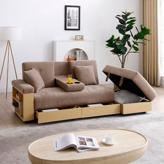 Convertible Double Sleeper Sofa Bed with Drawer Storage, Side Cabinet & Movable Ottoman, Drop-Down Table with 2 Cup Holders, Couch for Room