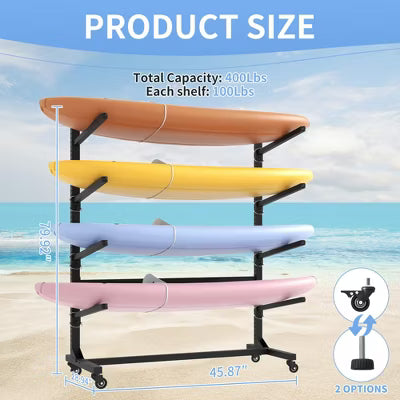 Munora - Heavy Duty 400lbs Kayak Storage Rack with Wheels - 79.92"H Freestanding Holder for Kayaks, Canoes, SUP