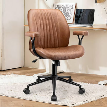 Leather Office Chair with Removable Armrests, Mid Back Ergonomic Desk Chair with Lumbar Support, Adjustable Height Rocking Swivel Executive Chair