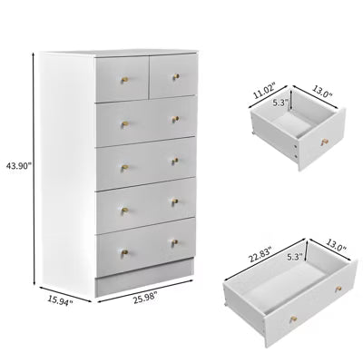 CIPACHO 6 Drawer Cabinet - White Textured Melamine Particleboard with Matte Gold Handles