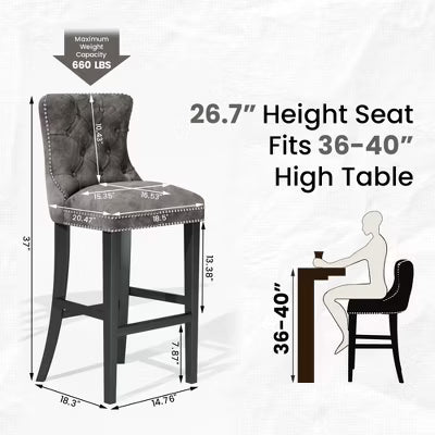 Hooseng Velvet Bar Stools Set of 2, 27.5" Tall Bar Stools, Breakfast Bar Chairs with Footrest and Back, Counter Bar Stools, for Dining Room, Kitchen