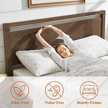 AMERLIFE Solid Wood Bed Frame with Headboard, Minimalist Platform Bed