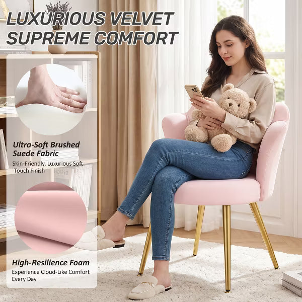 KERDOM Velvet Lounge Chair with Curved Back, Upholstered Vanity Seat with Gold Legs for Bedroom and Living Area,Pink