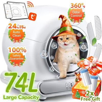 Self-Cleaning Automatic Cat Litter Box with Lid & Enclosure, XL 65L+9L for Multiple Cats, Smart APP Control, Low-Odor Liners, Quiet & Safe for Home