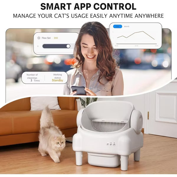 Cumrigei open-Top Self-Cleaning Litter Box with App Control and Safety Sensors, Odor Control, Cream White
