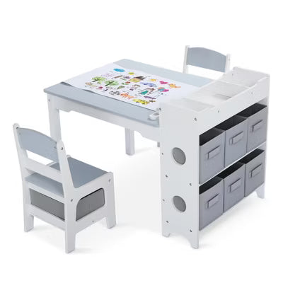 TODECARE Kids Table and Chair Set with Storage Bins and Paper Roll, Toddler Furniture Set, Gray