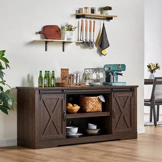 AMERLIFE 66" Farmhouse TV Stand for 75 Inches TVs, Entertainment Center with Sliding Barn Door
