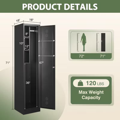 Mlezan Broom Closet Cabinet: Black Metal Storage for Brooms, Mops & Cleaning Supplies. Ideal for Garage, Laundry Room, or Bathroom Organization.