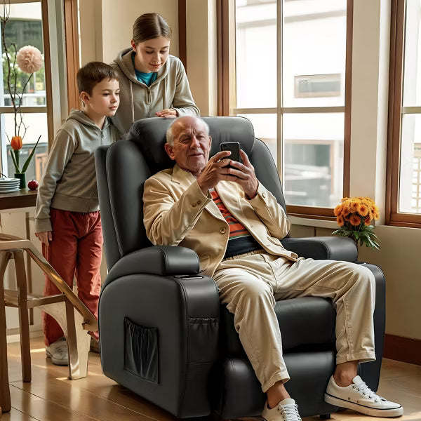 KERDOM Power Lift Recliner Chair for Elderly, PU Leather Electric Recliner with 360° Swivel Base, Cup Holders & Side Pockets,Black
