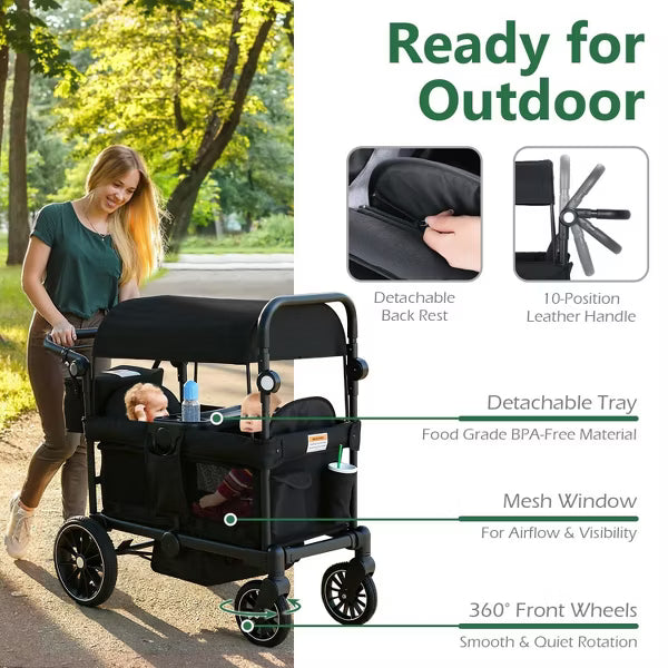 Folding Wagon Stroller for 2 Kids, Adjustable Handle, All-Terrain Shock-Absorbing Wheel, Detachable Tray, Diaper Bag