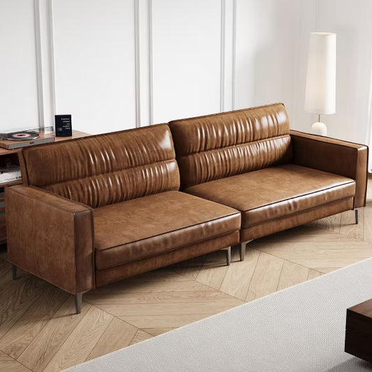 Luck Live Modern 86.61 inch Luxury Brown Oil Wax Leather Couch – High-End Vintage Sofa with Sturdy Frame and Cozy Feel.