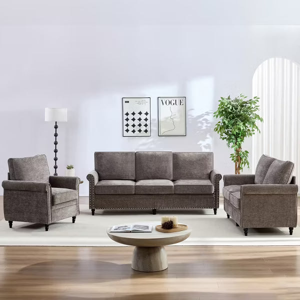 Mjkone 3 Piece Chenille Living Room Sofa Set,Modern 3-Seater Sofa Couch&Loveseat Sofa&Single Sofa Armchair Set,Unique Riveted Look