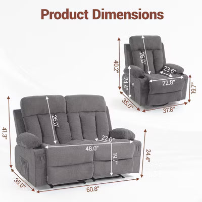 Bosmiller Manual Recliner Sofa Set, 3 Piece Reclining Living Room Furniture Sets with Cup Holder for Home Theater, Office (Grey, Loveseat+Chair+Chair)