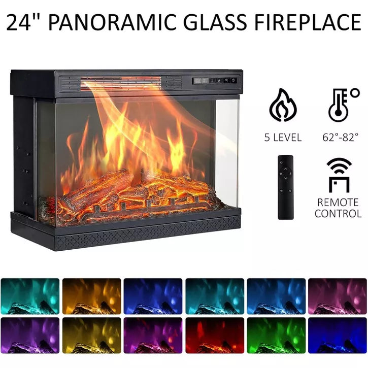 AMERLIFE 3-Sided Glass Fireplace TV Stand with LED Lights ,Fireplace Media Entertainment Center Console Cabinet Table with Glass Door Closed Storage