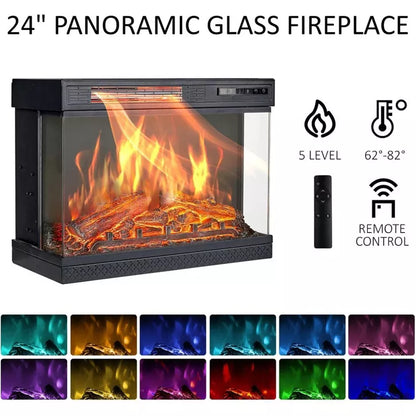 AMERLIFE 3-Sided Glass Fireplace TV Stand with LED Lights ,Fireplace Media Entertainment Center Console Cabinet Table with Glass Door Closed Storage