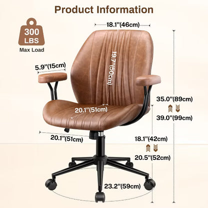 Leather Office Chair with Removable Armrests, Mid Back Ergonomic Desk Chair with Lumbar Support, Adjustable Height Rocking Swivel Executive Chair