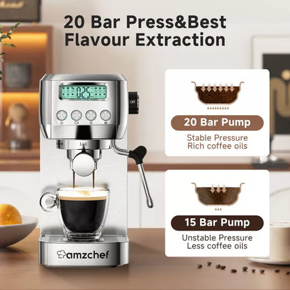 Espresso machine, 20 bar Coffee Machine, Stainless Steel Finish 1350W Espresso Maker, 3-IN-1 Customizable brew setting, LCD panel and panel frother