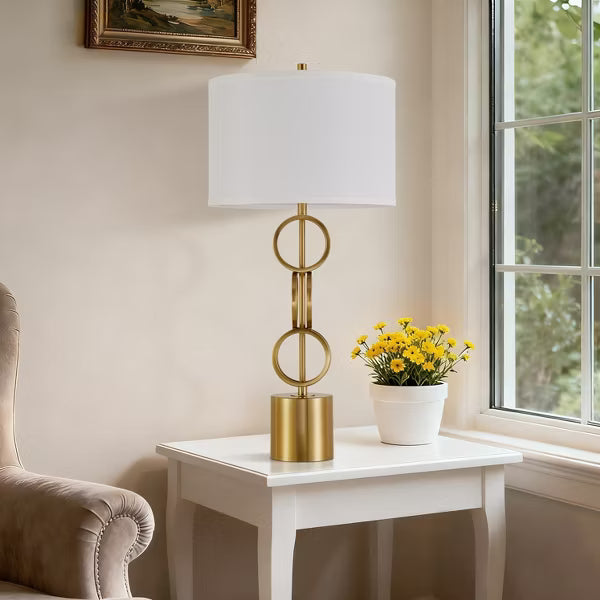 GTCLIGHTING Modern Gold Table Lamp for Living Room,32" Metal Round Bedside Lamps with White Fabric Shade for Bedroom End Table Nightstand