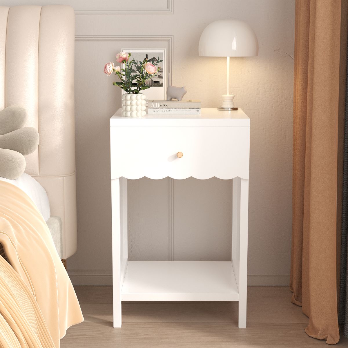 Modern White Nightstand with Scalloped Edge – 2-Tier Bedside Table with Drawer and Open Shelf, Cute Minimalist Storage for Girls' Room & Bedroom