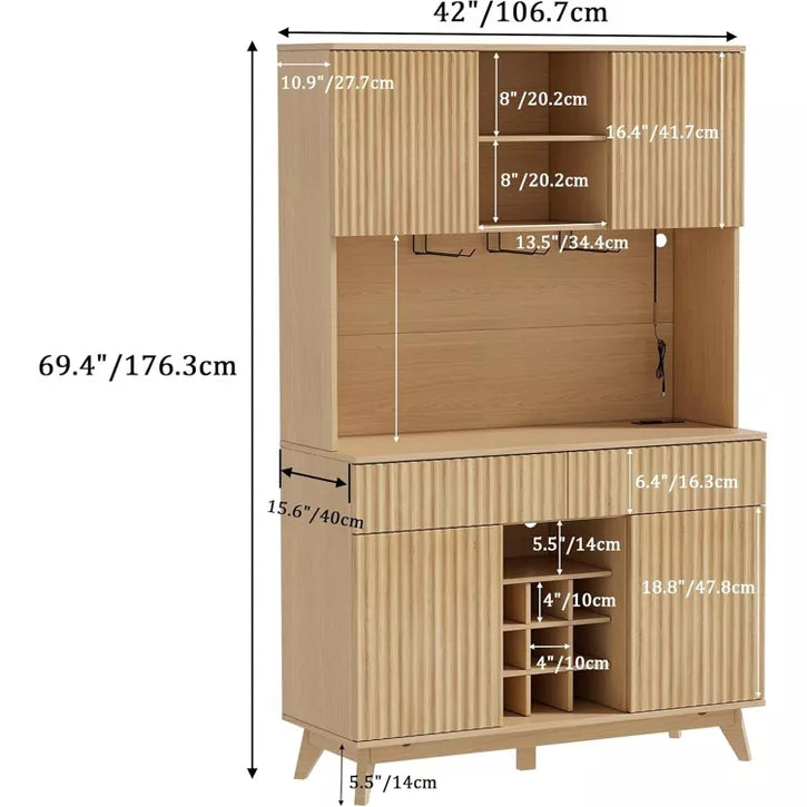 PAKASEPT 70" Fluted Coffee Bar Cabinet with Power Outlet & Light, Kitchen Hutch with Drawers, Shelf and Wine Glass Rack, Pantry China Cabinet for Home