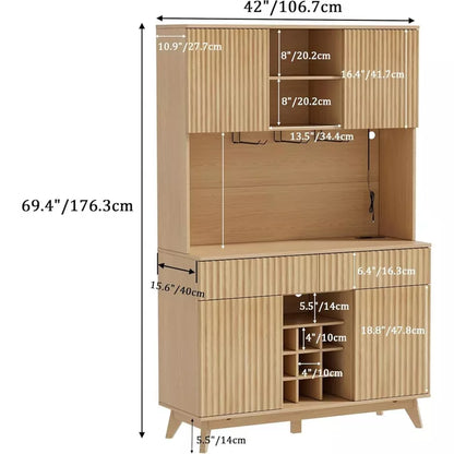 PAKASEPT 70" Fluted Coffee Bar Cabinet with Power Outlet & Light, Kitchen Hutch with Drawers, Shelf and Wine Glass Rack, Pantry China Cabinet for Home
