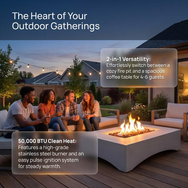 56" Rectangular Concrete Propane Fire Pit Table - 50,000 BTU Outdoor Gas Fire Table with Waterproof Cover, Lava Rocks & Tank Seat