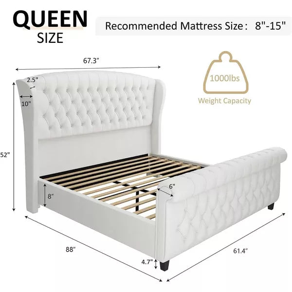 AMERLIFE Platform Bed Frame, Velvet Upholstered Bed with Deep Button Tufted