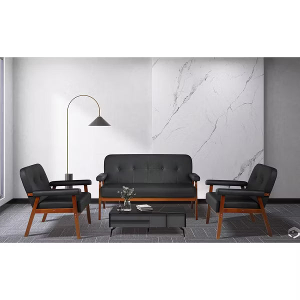 TYBOATLE Faux Leather Black Armchair Set of 2 with Wooden Frame, Upholstered Living Room Chairs Comfy Reading For Small Space