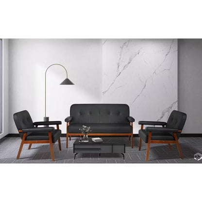 TYBOATLE Faux Leather Black Armchair Set of 2 with Wooden Frame, Upholstered Living Room Chairs Comfy Reading For Small Space