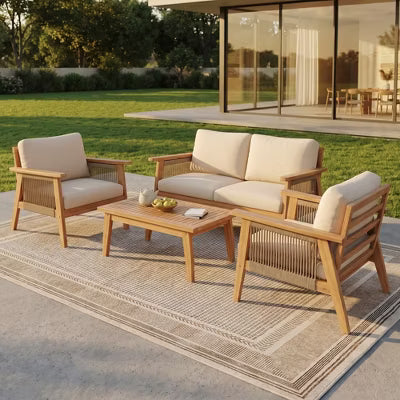 4-Piece Acacia Wood Patio Conversation Set with Rope Woven Chairs, Cushions & Coffee Table, Teak Beige