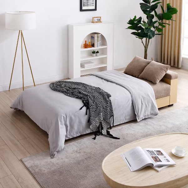 Convertible Double Sleeper Sofa Bed with Drawer Storage, Side Cabinet & Movable Ottoman, Drop-Down Table with 2 Cup Holders, Couch for Room