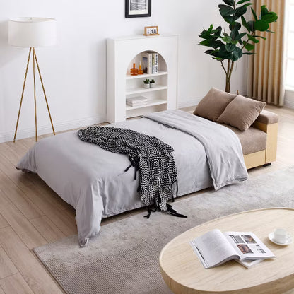 Convertible Double Sleeper Sofa Bed with Drawer Storage, Side Cabinet & Movable Ottoman, Drop-Down Table with 2 Cup Holders, Couch for Room