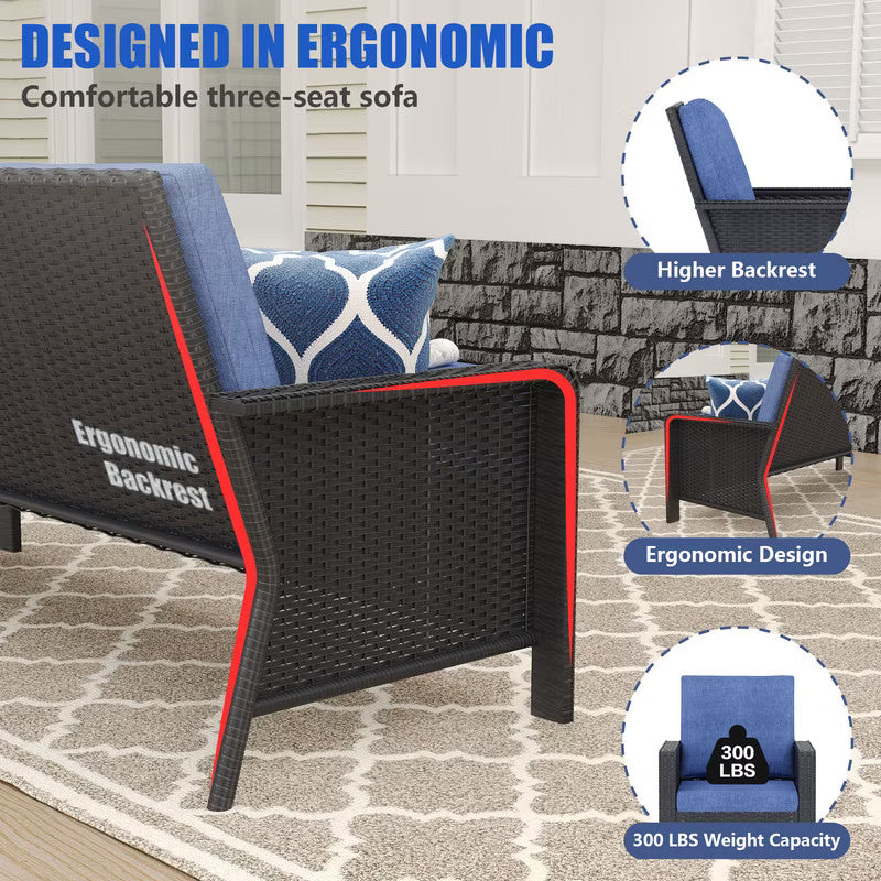 SUGOLD 3-Seat Wicker Patio Conversation Set with 2 Ottomans, Blue Cushions, Outdoor Rattan Furniture for Deck, Porch & Garden