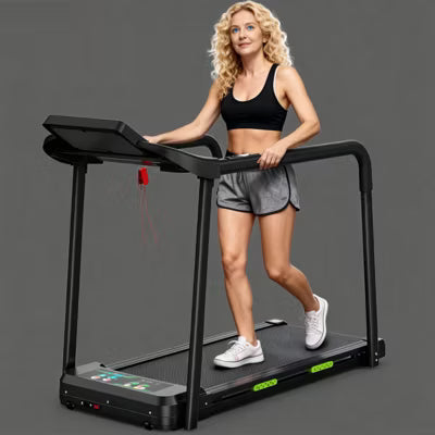 Foldable Walking Pad Treadmill for Seniors, Safe Stable Design with Long Handrail, Large LED Display, 300Lbs Weight Capacity