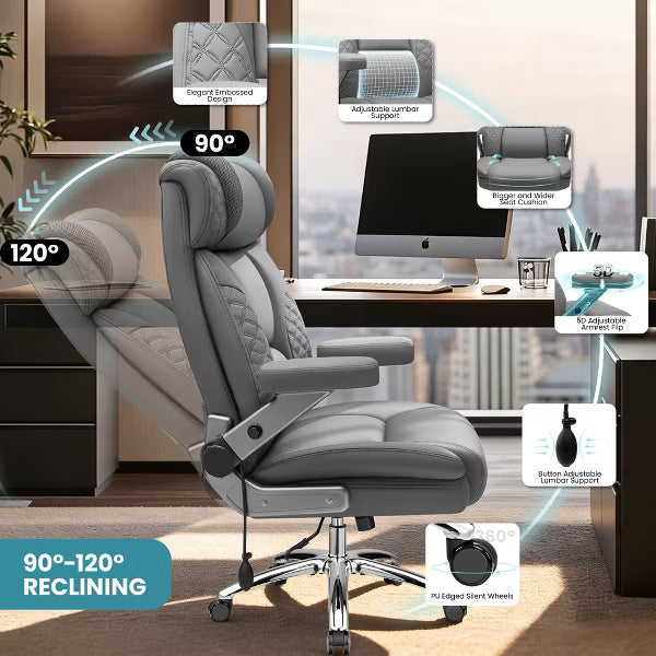 KERDOM Big and Tall Executive Office Chair, 500LBS PU Leather Desk Chair with 5D Adjustable Armrest, 90°-120° Reclining Home Computer Chair,Gray