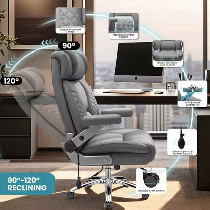 KERDOM Big and Tall Executive Office Chair, 500LBS PU Leather Desk Chair with 5D Adjustable Armrest, 90°-120° Reclining Home Computer Chair,Gray