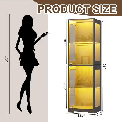PAKASEPT 63" Tall Glass Display Cabinet, 4-Tier Curio Cabinets with 3 Color Lights for Collectibles, Storage Cabinet with Door, Glass Display Case
