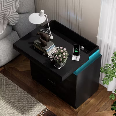 CIPACHO Black Nightstand with Charging Station, Sliding Top & Drawers Modern Bedside End Table for Bedroom
