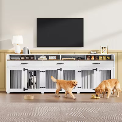 AMERLIFE Dog Crate with Storage Drawers, 95" Wooden Kennel with 3 Rooms, TV Console with Removable Divider