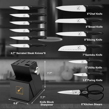 imarku Knife Block Set, Japanese High Carbon Stainless Steel Knives Set for Kitchen, 14-Piece Kitchen Knife Set with Block, Dishwasher Safe