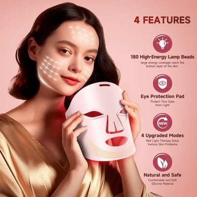 Morfone 4-mode LED facial red light therapy lamp. Portable care set with remote control, suitable for home and travel skin therapy£¨Pink£©