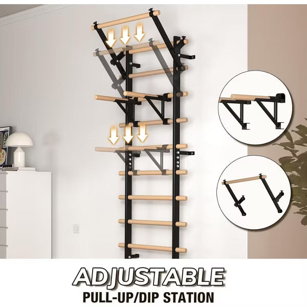 Swedish Ladder Wood Stall Bar, Suspension Trainer with Pull-Up Bar and Dip Bar Attachments, Wooden Stall Bar with 9 Strategic Rods