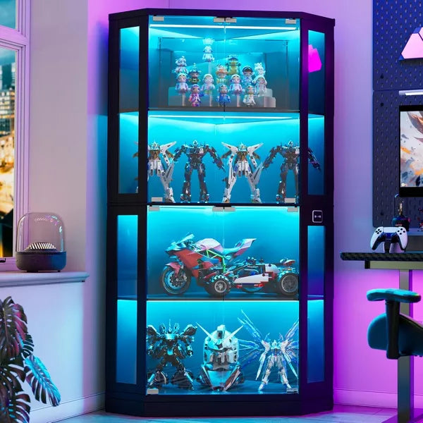 PAKASEPT 66.3” Tall Display Curio Cabinet with LED Lights, Tempered Glass Doors, 4-Tier Corner Display Cabinet for Toys, Books, Collectibles