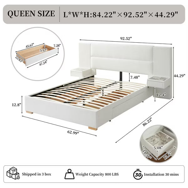 Queen Size Upholstered Platform Bed with Storage Drawers Built-in Nightstands,Sprung Wooden Slats,Noise-Free,No Box Spring Needed,Easy Assembly,White
