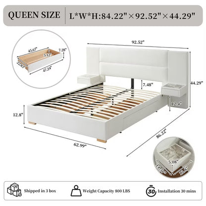Queen Size Upholstered Platform Bed with Storage Drawers Built-in Nightstands,Sprung Wooden Slats,Noise-Free,No Box Spring Needed,Easy Assembly,White