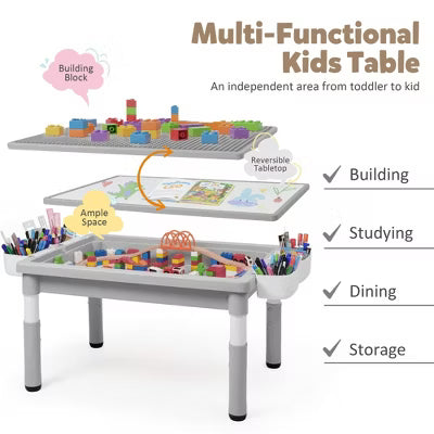 TODECARE Kids Height-Adjustable Table and 2 Chairs Set with Large Storage and Reversible Activity Desktop, Gray