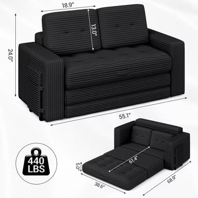 Bosmiller Pull Out Loveseat Boneless Couch,Sleeper Sofa, Folding Couch Bed with Pillow for Living Room Bedroom, Black