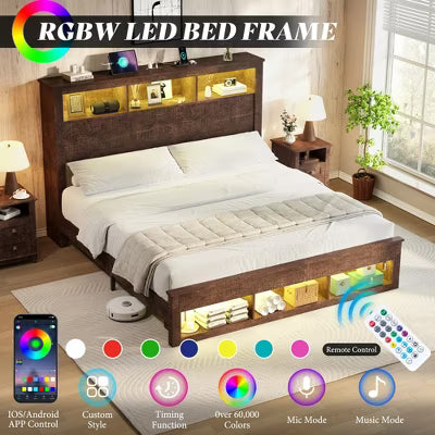 AMERLIFE Bed Frame with Bookcase Storage Headboard, LED Light and Charging Station